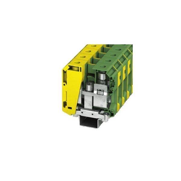 Eine Nahaufnahme eines grün-gelben modularen Klemmenblocks, der seine elektrischen Verbindungskomponenten und Struktur hervorhebt.