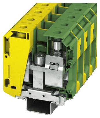 Ein Nahaufnahme-Bild eines modularen Klemmenblocks mit gelben und grünen Komponenten und freigelegten Metallteilen in der Mitte.
