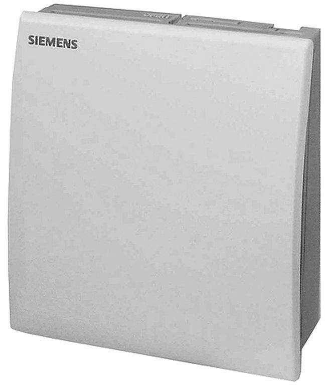 Ein weißes, quadratisches Siemens Wandgerät, möglicherweise ein Schalter oder Sensor, mit glatten Kanten und minimalistischem Design, aus einem leichten Winkel betrachtet.