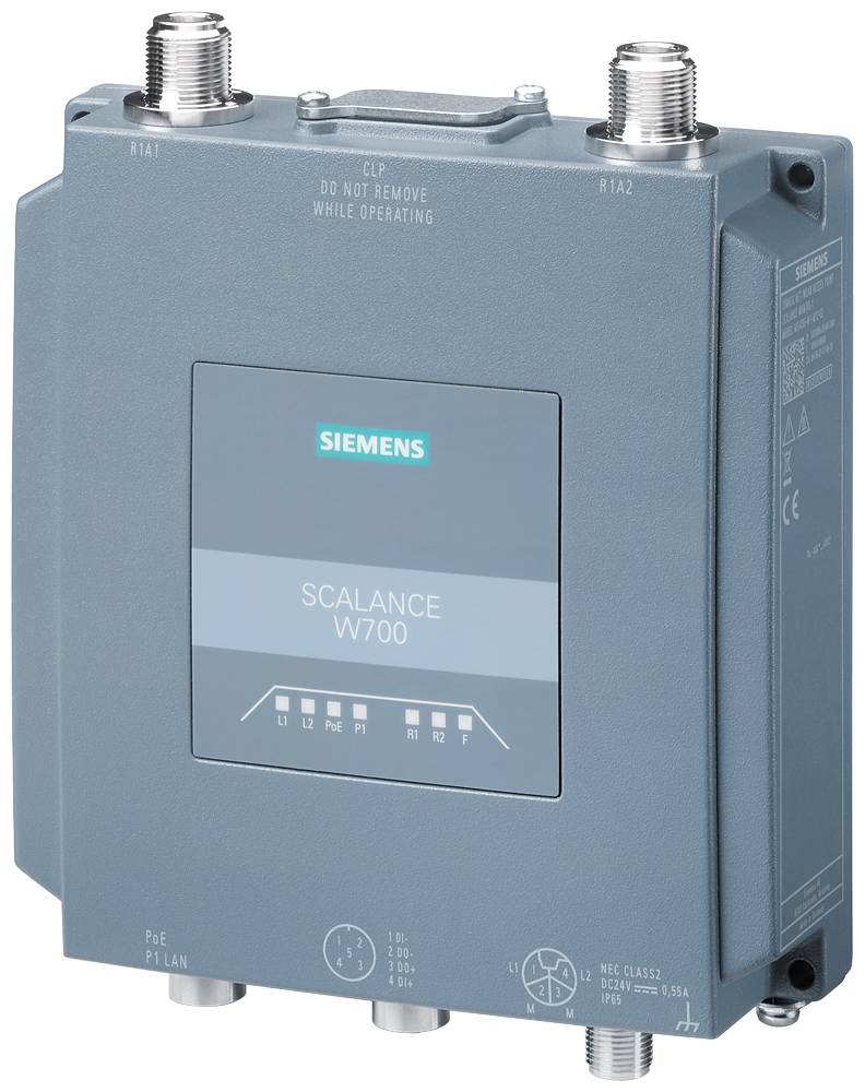 Siemens SCALANCE W700 Gerät, verwendet für industrielle Kommunikation, dargestellt in einer grauen Box mit beschrifteten Anschlüssen und Netzwerkindikatoren.
