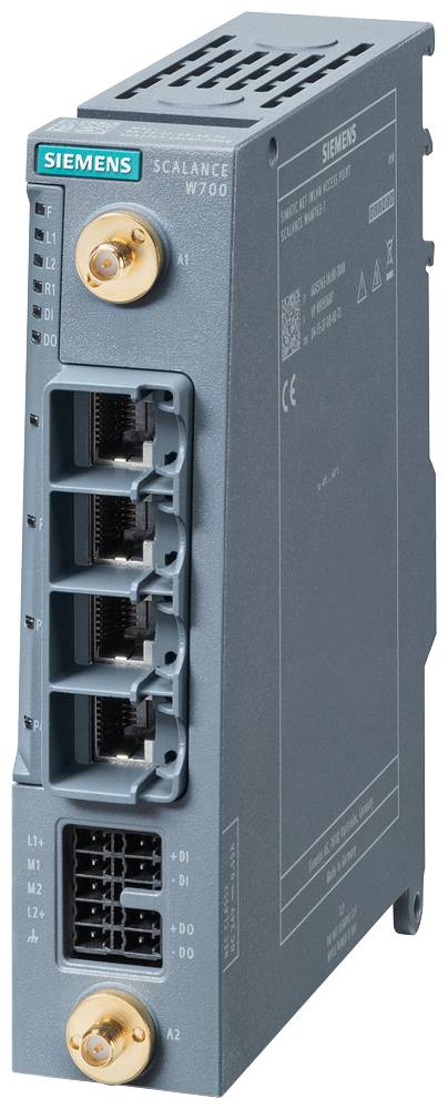 Eine Nahaufnahme eines industriellen Ethernet-Switches mit vier sichtbaren Ports, beschriftet mit ‚100-Base-TX', auf einem grauen Gehäuse mit CE-Kennzeichnung.