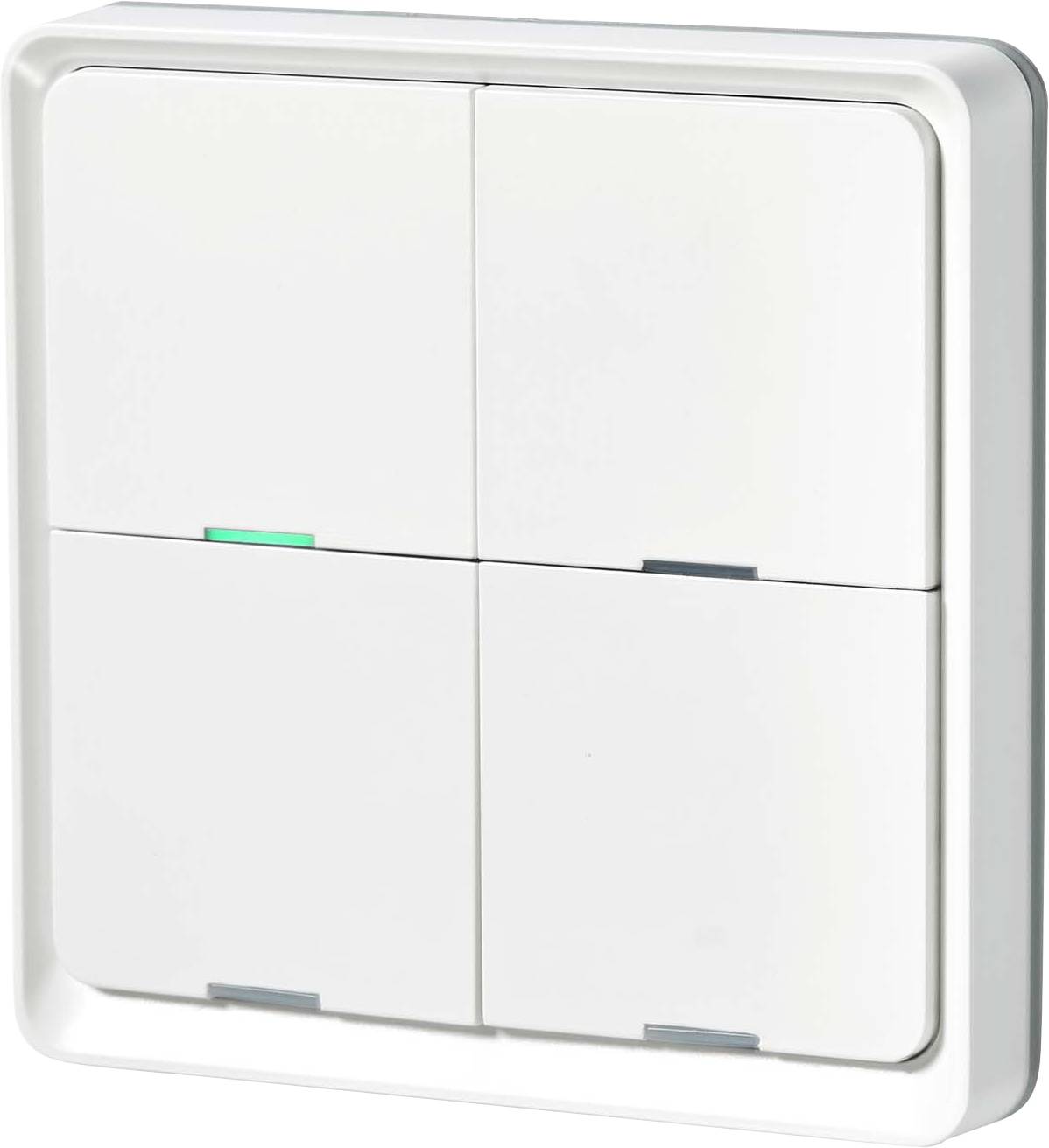 Ein weißer, quadratischer Wandschalter mit vier Tasten und dezenten Farbindikatoren auf jeder Taste.