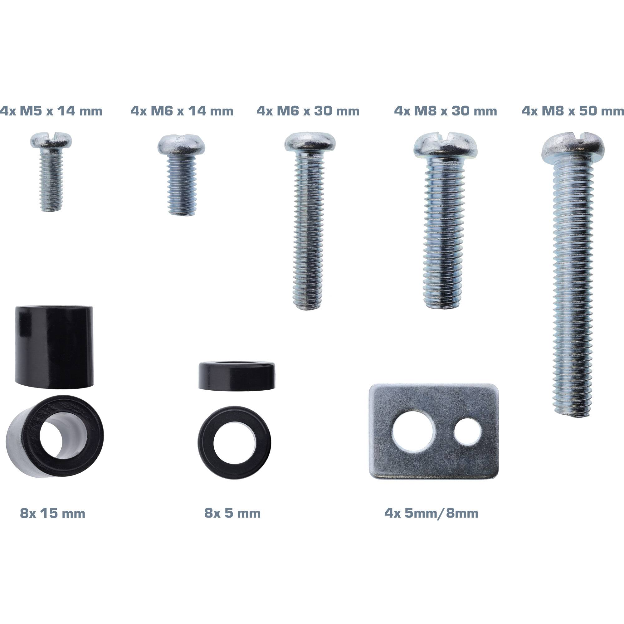 Verschiedenes Hardwaresortiment mit beschrifteten Schrauben, Abstandshaltern, Unterlegscheiben und einer Metallplatte in verschiedenen Größen.