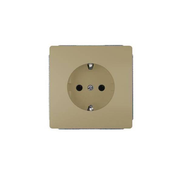 Eine beige elektrische Wandsteckdose mit runder Form und zwei kreisförmigen Löchern.