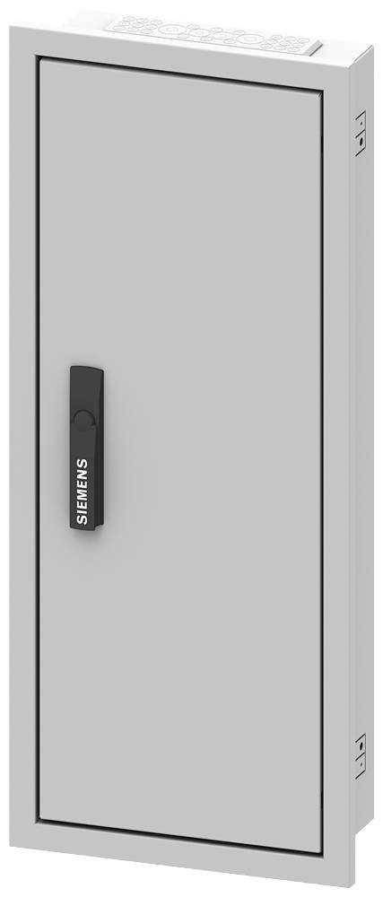 Eine graue Siemens-Elektroschranktür mit einem schwarzen Griff, auf dem das Siemens-Logo angebracht ist.