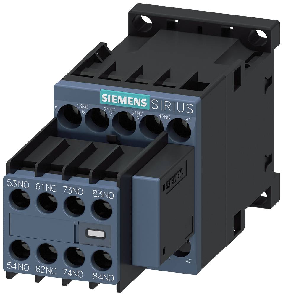 Siemens SIRIUS Industrieschütz, Modell mit mehreren Anschlusspunkten, schwarze und graue Gehäusekonstruktion, geeignet für elektrische Steuerungssysteme.