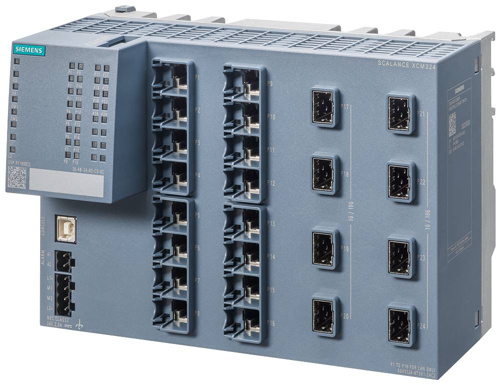 Ein Netzwerk-Switch mit mehreren Ethernet-Ports, beschriftet als 