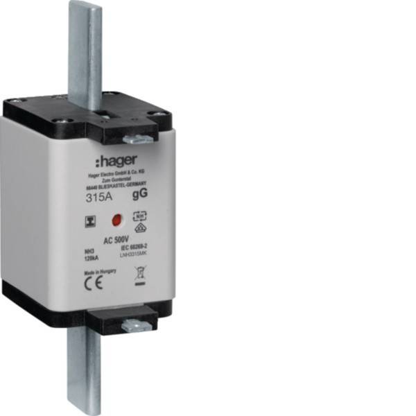 Ein Hager NH-Sicherungseinsatz, ausgelegt für 315A und 500V AC, auf einer Metallhalterung montiert, verwendet für Stromkreisschutz in elektrischen Systemen.