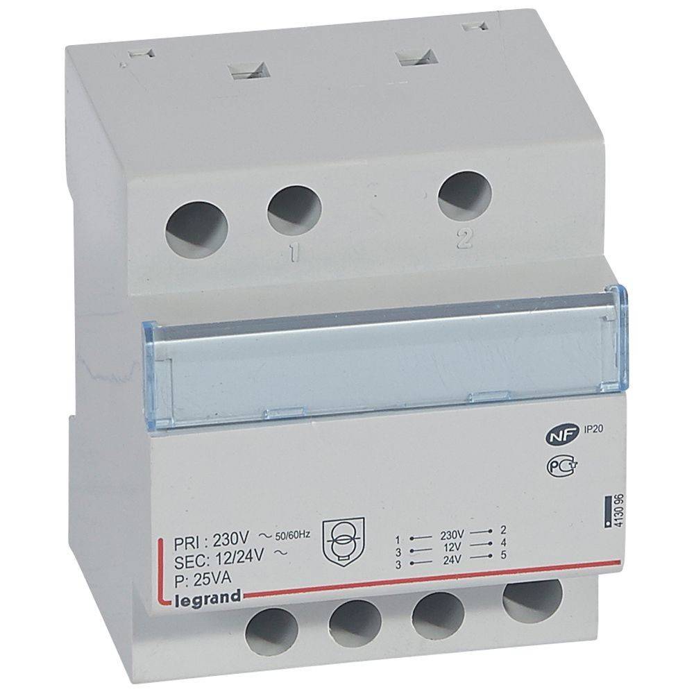 Ein elektrischer Transformator mit weißem Gehäuse, ausgestattet mit drei oberen Eingangskontakten, beschriftet mit ‚PRI: 230V' und ‚SEC: 12/24V'.