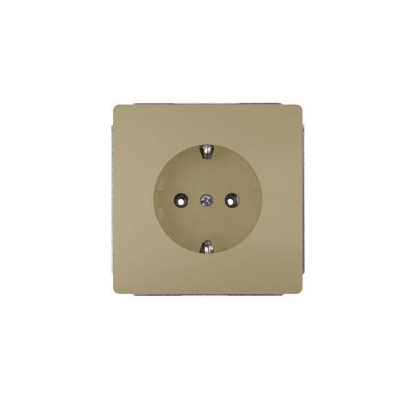 Frontansicht einer beigen elektrischen Wandsteckdose mit zwei runden Löchern und einem Erdungsstift in der Mitte.
