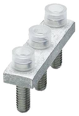 Eine rechteckige Metallkomponente mit drei Kunststoffisolatoren und gewindeten Bolzen, die darunter hervorstehen, die in elektrischen Anwendungen verwendet wird.