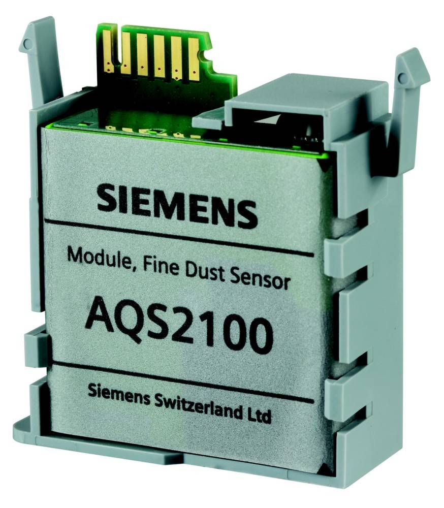 Siemens AQS2100 Feinstaub-Sensormodul in einem grauen Gehäuse, beschriftet mit 'SIEMENS, Modul, Feinstaub-Sensor, AQS2100, Siemens Schweiz AG'.