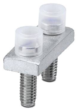 Eine Nahaufnahme eines metallischen Haltearms mit zwei Schrauben zur Befestigung einer zylindrischen Komponente.