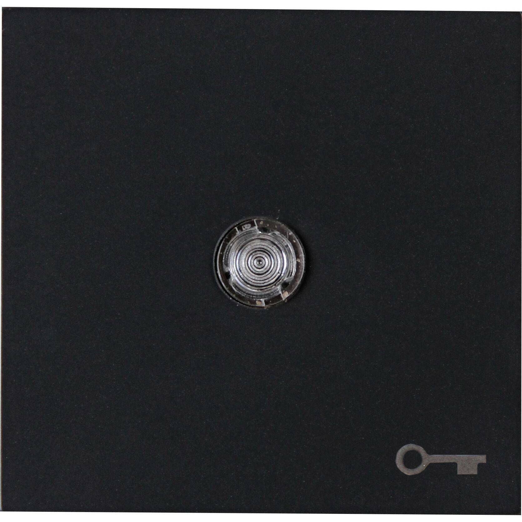 Schwarzes Metallpaneel mit einer zentralen kreisförmigen Linse oder einem Sensor und einem kleinen Schlüsselsymbol in der unteren rechten Ecke.