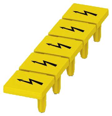 Fünf gelbe Tische mit schwarzen Blitzbolzen-Symbolen, in einem Zickzack-Muster angeordnet.