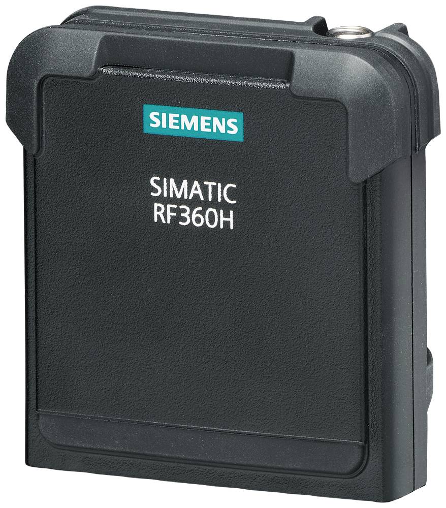 Ein schwarzer Siemens SIMATIC RF360H RFID-Leser wird gezeigt, der ein kompaktes Design aufweist, das für industrielle Anwendungen ideal ist.