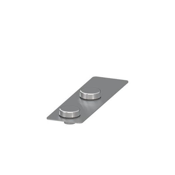 Ein schlankes metallisches rechteckiges Panel mit zwei vertikal angeordneten kreisförmigen Drehknöpfen, höchstwahrscheinlich Teil eines Steuergeräts oder einer Benutzeroberfläche.