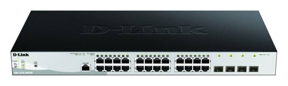 Ein Netzwerk-Switch mit 24 Ethernet-Ports, die jeweils durch eine grüne LED-Leuchte angezeigt werden und den Geräte-Status signalisieren. Der Markenname befindet sich oben.