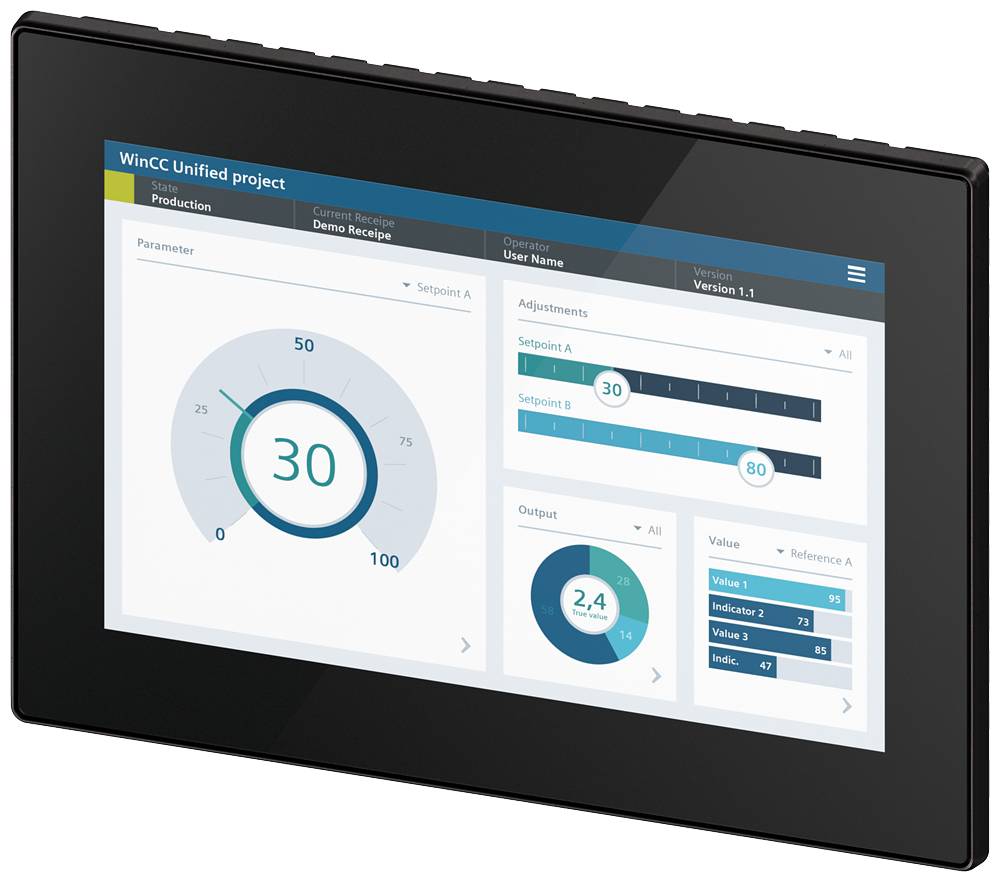 Ein digitales Dashboard zeigt eine Benutzeroberfläche mit einer Anzeige, die '30' anzeigt, Einstellungsreglern und Ausgabewerten für ein Projektmanagement-System.