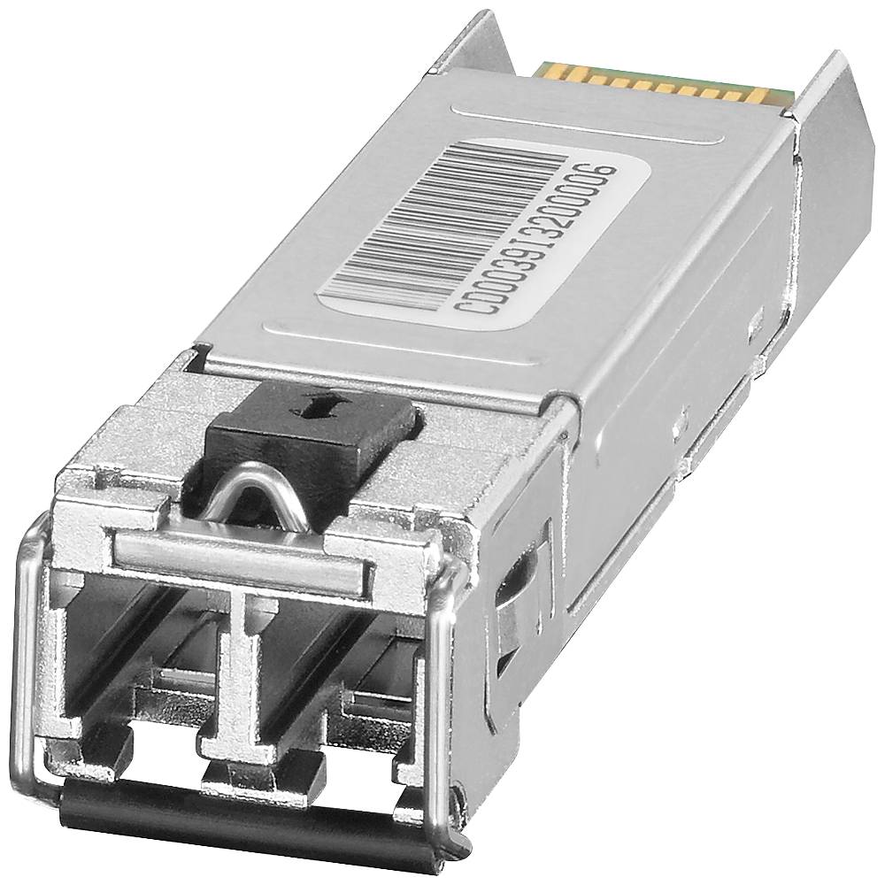 Eine kleine, rechteckige silberne elektronische Komponente mit Barcode und goldenem Anschluss; höchstwahrscheinlich ein SFP-Transceiver-Modul für optische Netzwerke.