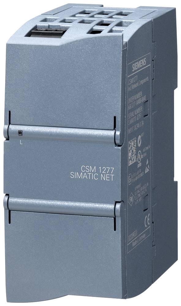 Ein Nahaufnahmebild eines Siemens SIMATIC NET-Moduls, Modell CSM 1277, das dessen Branding und Anschlussports zeigt.