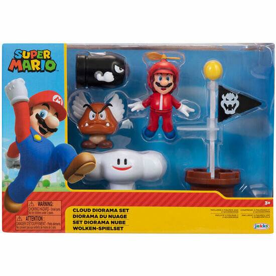 Ein Spielzeugset mit einer Super Mario Figur, einem Goomba, einer Wolkenplattform, einer Fahnenstange und einem fliegenden Helmzubehör, alles in leuchtenden Farben.