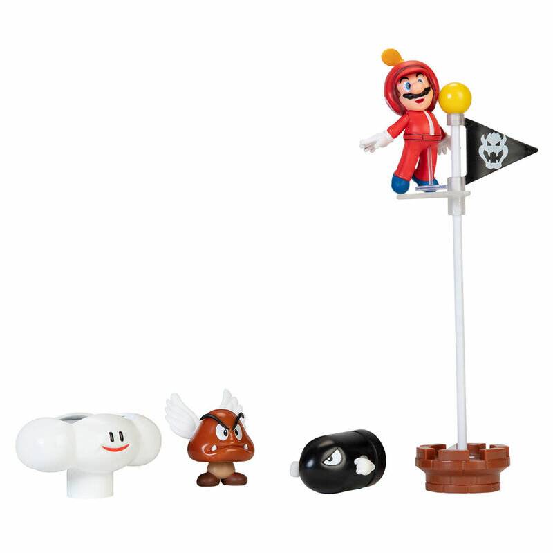 Ein Spielzeugset mit einer katzenverkleideten Figur auf einem Fahnenmast aus einem beliebten Videospiel, begleitet von drei kleinen, ikonischen Spielgegnern.
