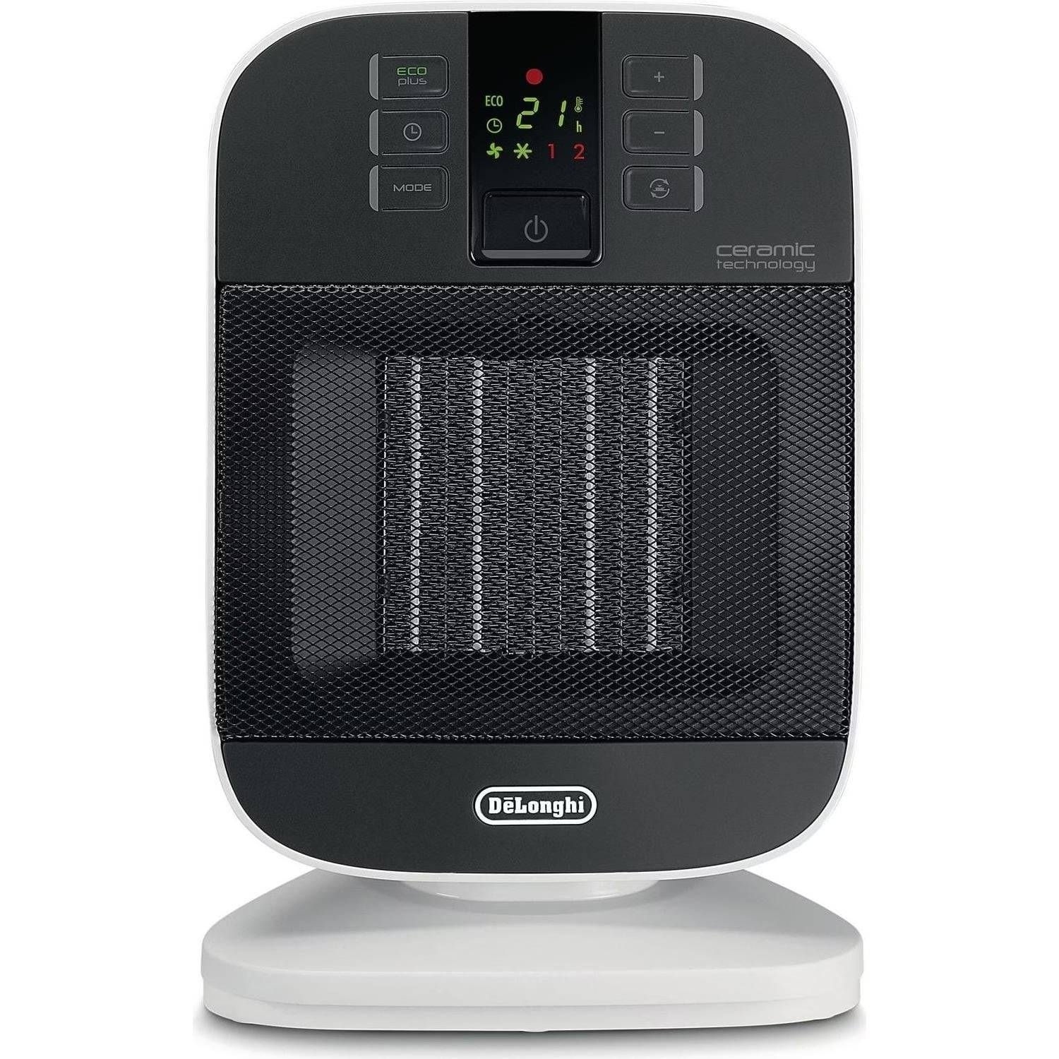 Schwarzer De'Longhi Keramik-Heizlüfter mit digitalen Bedienelementen, Display und vorderm Gitter auf weißem Sockel