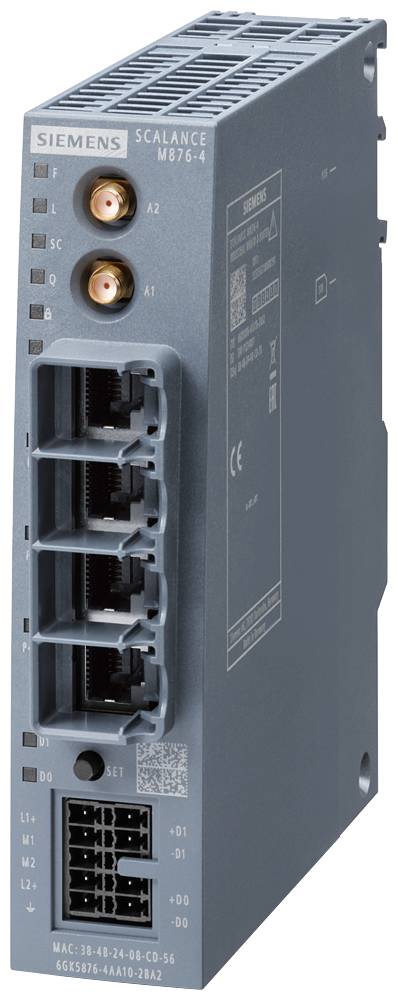 Ein graues elektronisches Modul mit vier vertikalen Steckplätzen, hauptsächlich verwendet für Netzwerk- oder industrielle Anschlüsse, mit seitlichen Gravuren und Symbolen.
