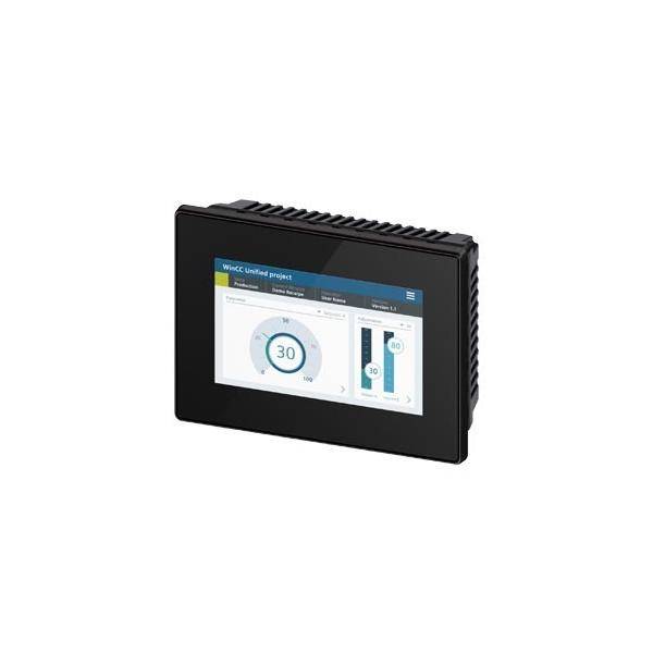 Ein schwarzes Touchscreen-Gerät, das ein digitales Armaturenbrett mit einem Messinstrument zeigt, das '30' anzeigt und einen vertikalen Balkendiagramm, beschriftet mit 'WWCC Unitronics Project'.