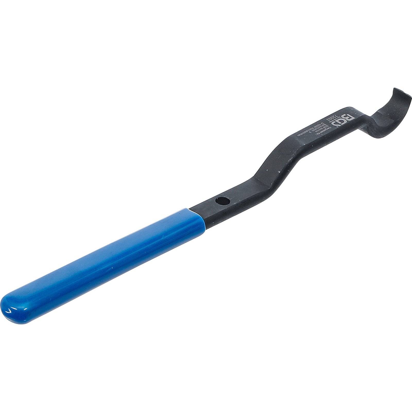 Ein Metallreifenheber mit einem blauen Griff, der zum Abnehmen von Fahrradreifen von Felgen verwendet wird.