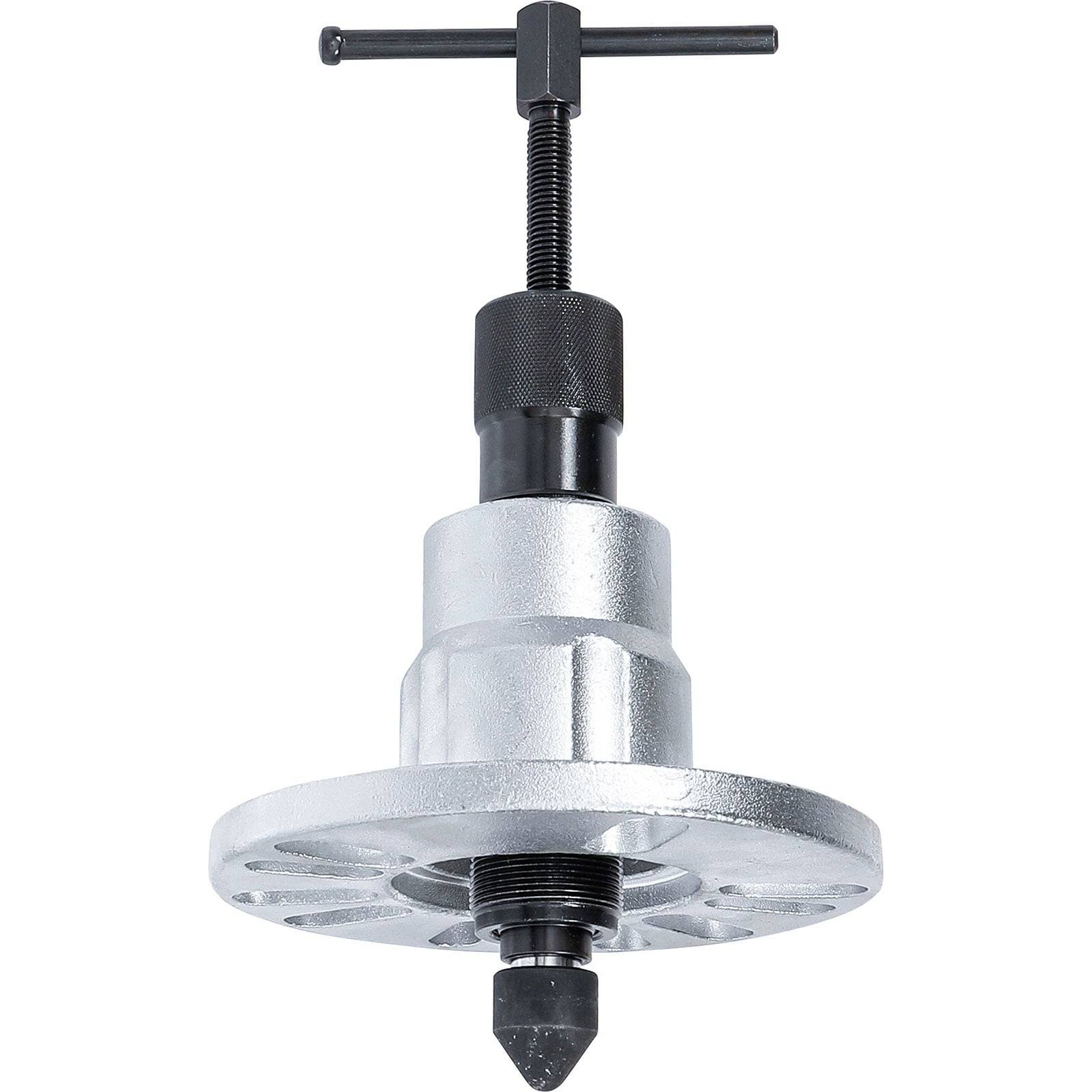 Ein Metalllagerwerkzeug mit T-förmigem Griff und gewindelierter Mittelwelle, das zum Entfernen von Lagern aus Maschinen verwendet wird.