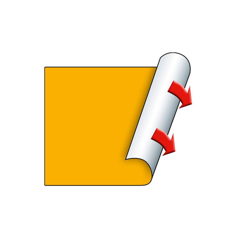 Ein orangefarbenes Quadrat mit einer zurückgeschlagenen Ecke, die eine weiße Unterseite offenbart. Zwei rote Pfeile zeigen auf die aufgerollte Ecke.