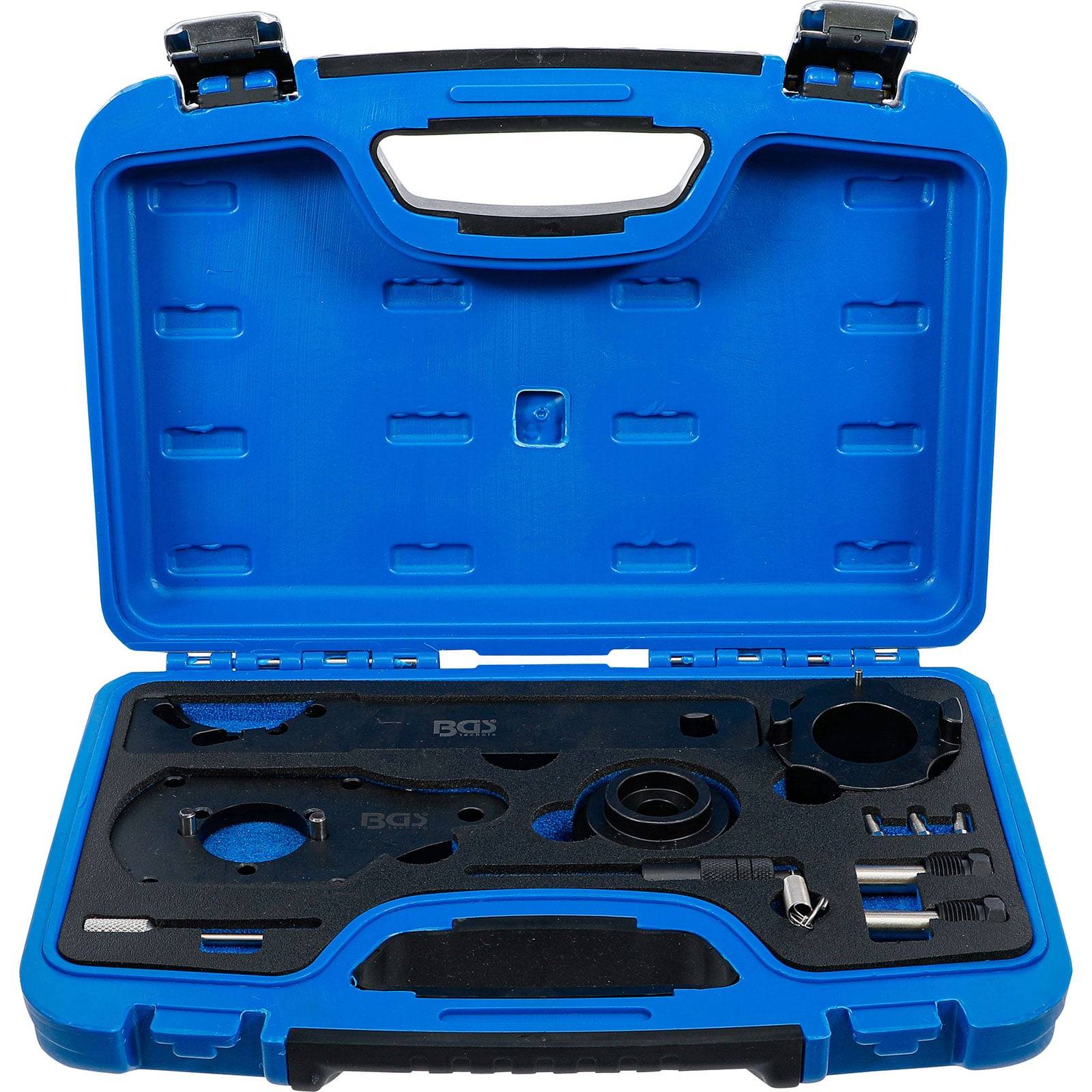 Eine blaue Plastikbox mit schwarzem Schaumstoffinnenleben beherbergt verschiedene Präzisionswerkzeuge, ordentlich angeordnet und für spezialisierte mechanische Aufgaben verwendet.