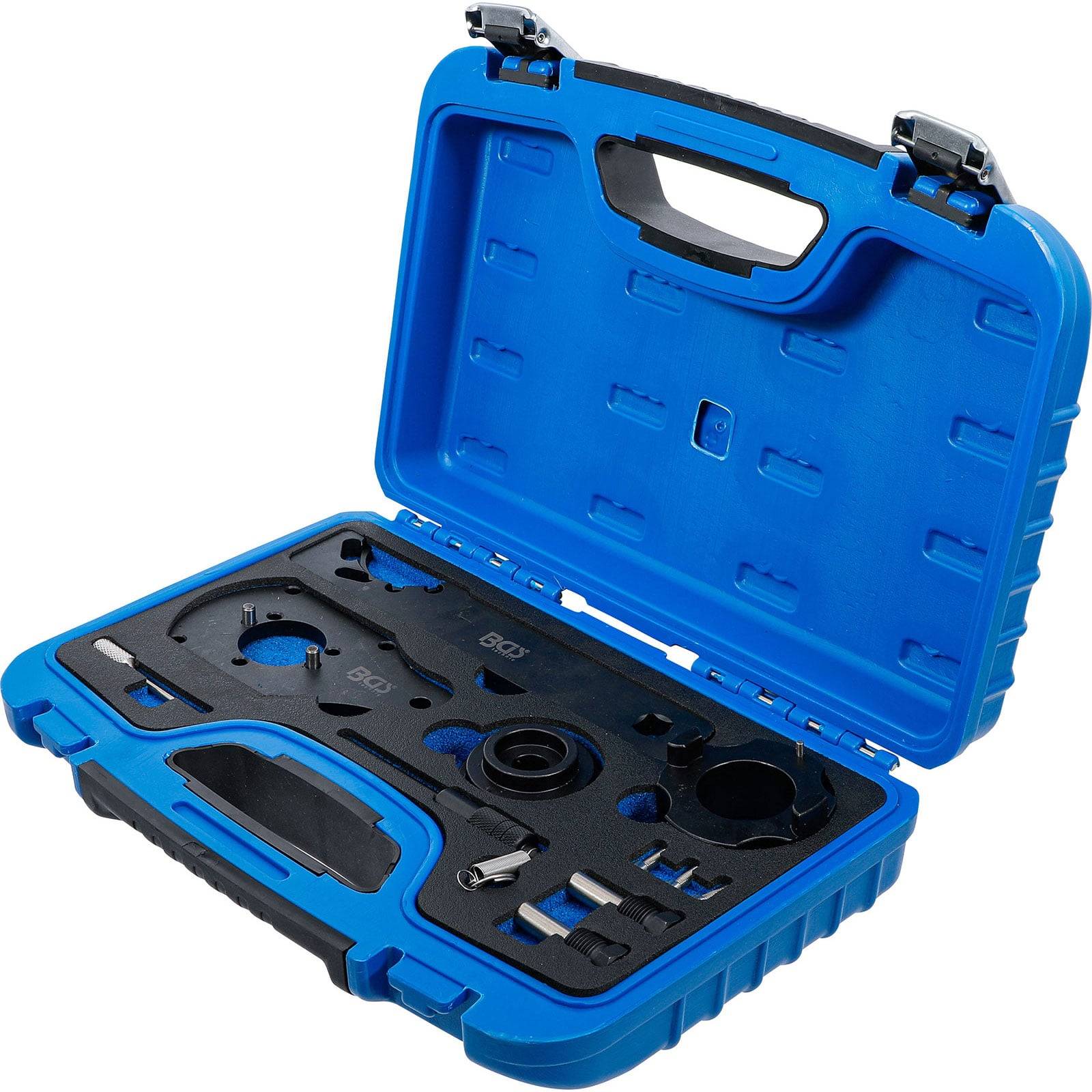 Ein blauer Kunststoff-Werkzeugkoffer mit verschiedenen Fächern enthält mehrere kleine Werkzeuge, darunter Schraubschlüssel und Bits, die für einen bequemen Zugriff organisiert sind.