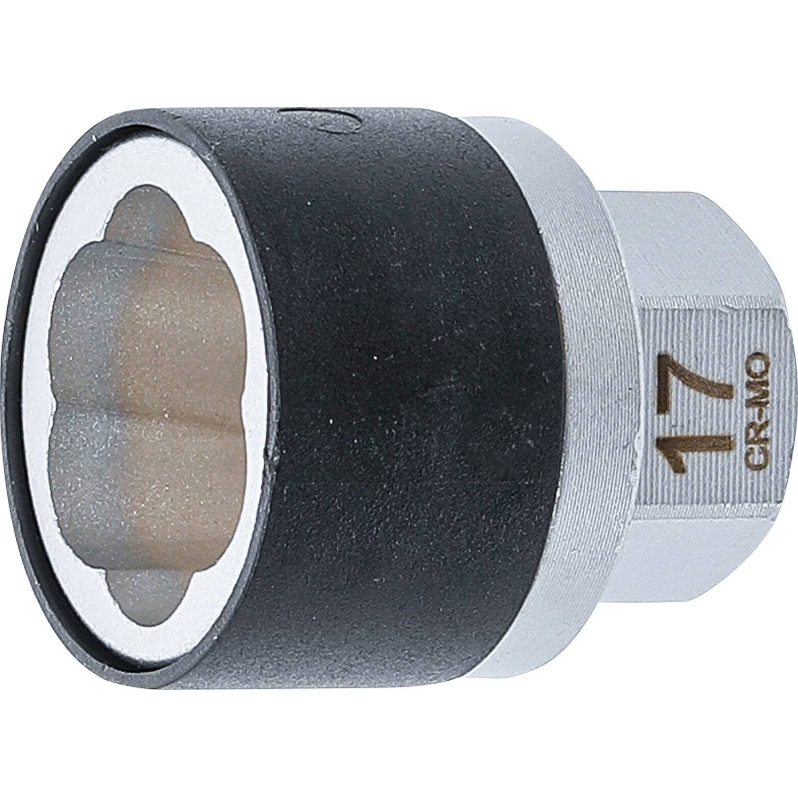 Eine Nahaufnahme eines Steckschlüssel-Aufsatzes, gekennzeichnet mit '17', was die Größe in Millimetern angibt.