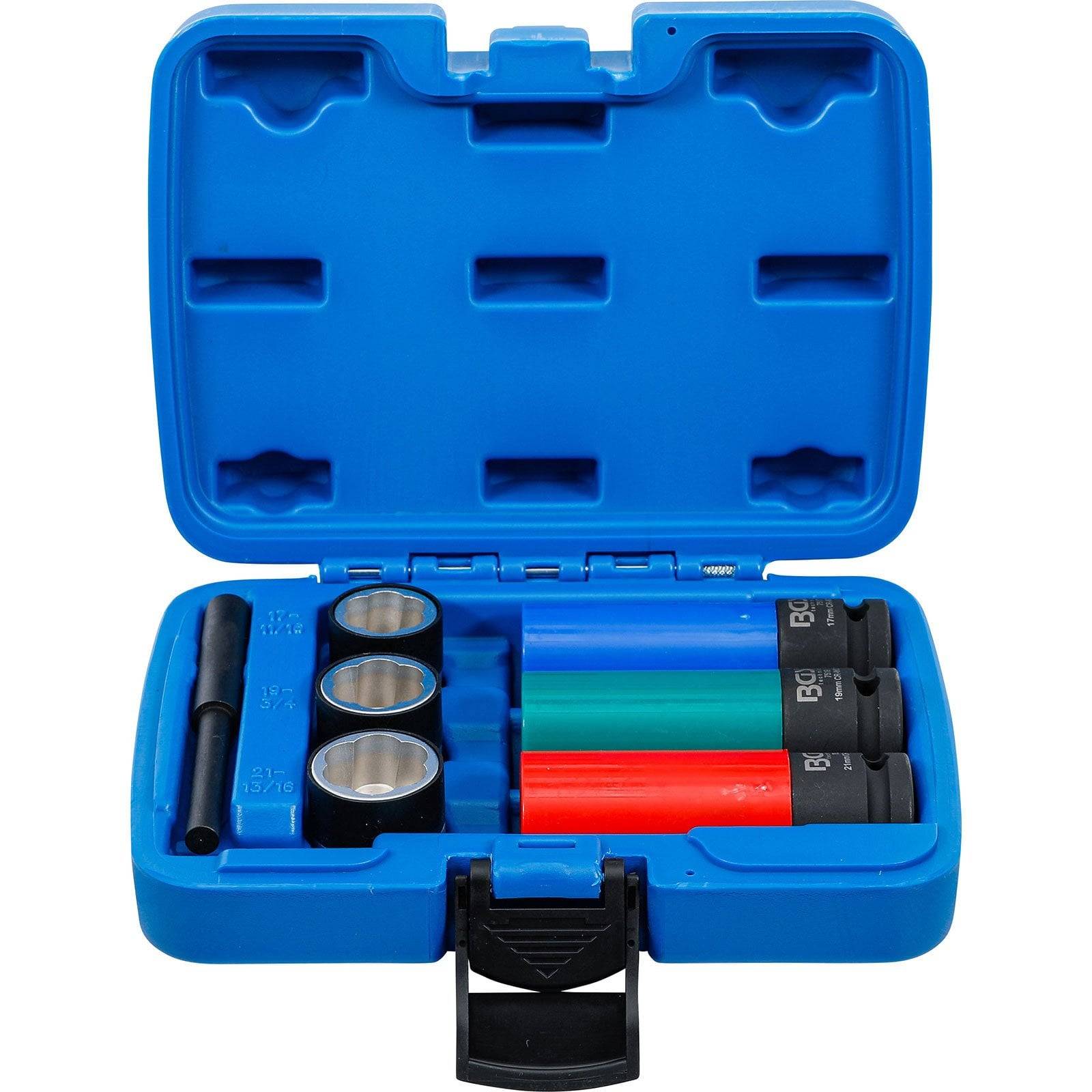Ein blauer Kunststoffkoffer, der verschiedene Steckschlüssel und Bits in Fächern enthält, mit einem schwarzen Verschluss an der Vorderseite.