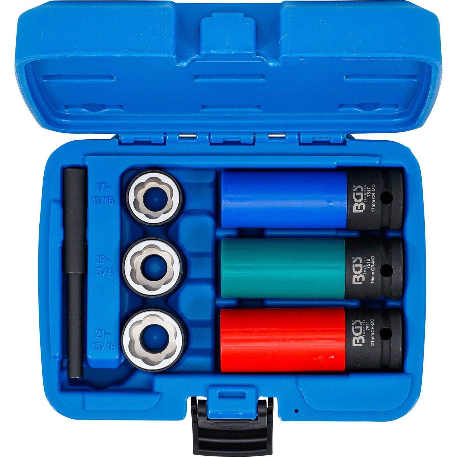 Ein blauer Plastikkoffer, der drei farbige Steckschlüssel und drei Metallringe enthält. Die Schlüssel sind mit Größen von 17 mm bis 21 mm beschriftet.