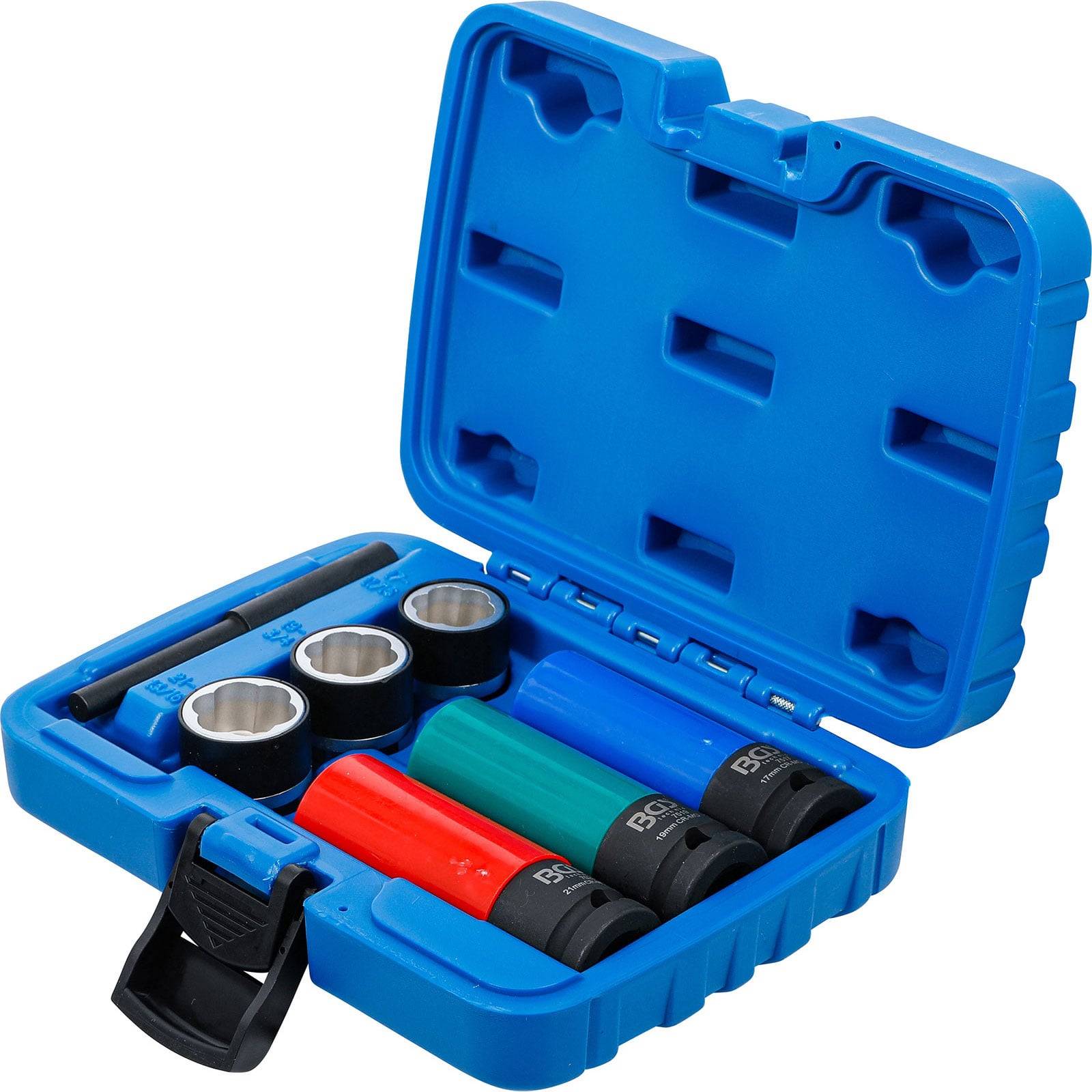 Blauer Werkzeugkoffer mit drei farbigen Steckschlüsseln und einem schwarzen Werkzeug im Inneren. Die Steckschlüssel sind rot, grün und blau.