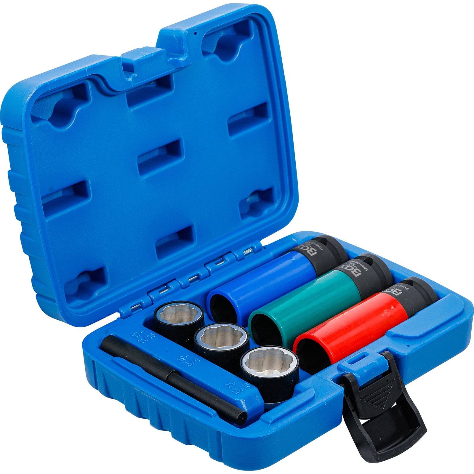 Ein blauer Kunststoffkoffer mit vier farbigen Steckdosenschutzkappen und drei Steckdosen im Inneren, konzipiert zur effizienten Organisation und Lagerung von Werkzeugen.