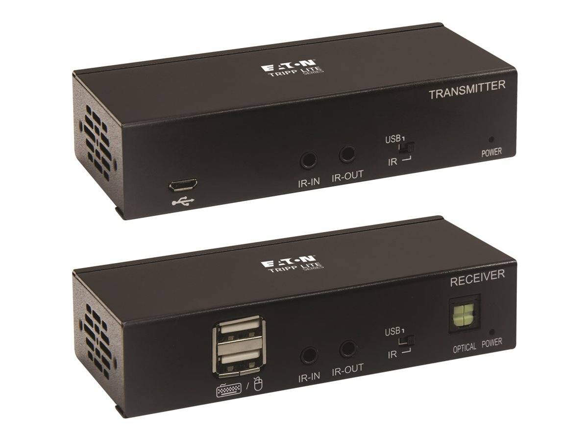 Zwei schwarze Eaton AV-Extender-Boxen zusammen gezeigt: ein Sender und ein Empfänger mit USB-, IR-Eingang-, IR-Ausgang-, optischen und Stromversorgungsanschlüssen.
