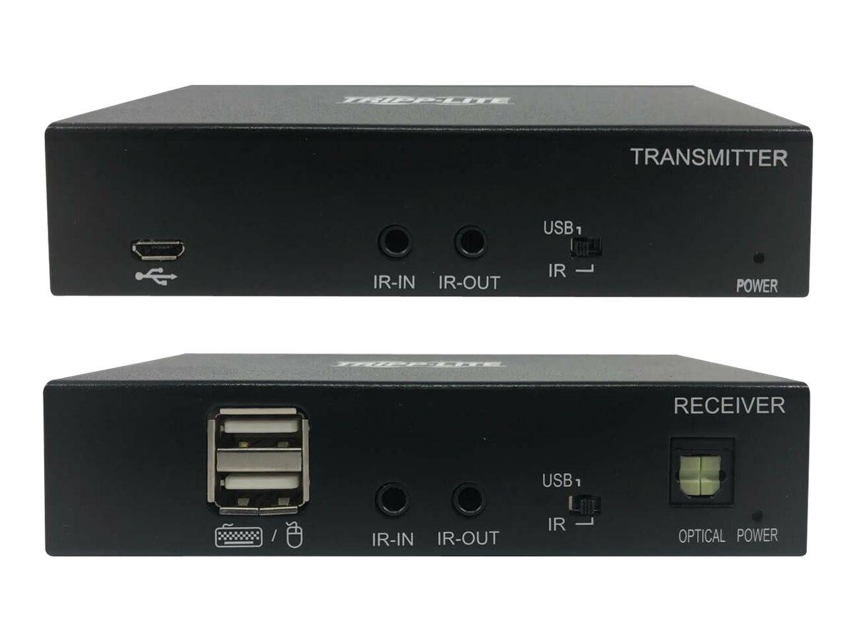 Zwei schwarze Tripp Lite AV-Geräte in Frontansicht: ein Sender mit HDMI, IR-IN/OUT, USB und Stromversorgung; und ein Empfänger mit USB-Anschlüssen, IR-IN/OUT, optischem Anschluss und Stromversorgung.