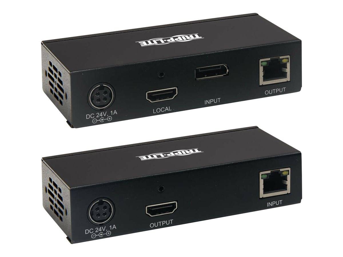 Zwei schwarze rechteckige Tripp Lite-Geräte in perspektivischer Darstellung, jeweils mit als Ein-/Ausgang beschrifteten Anschlüssen für Stromversorgung, HDMI und Netzwerk.