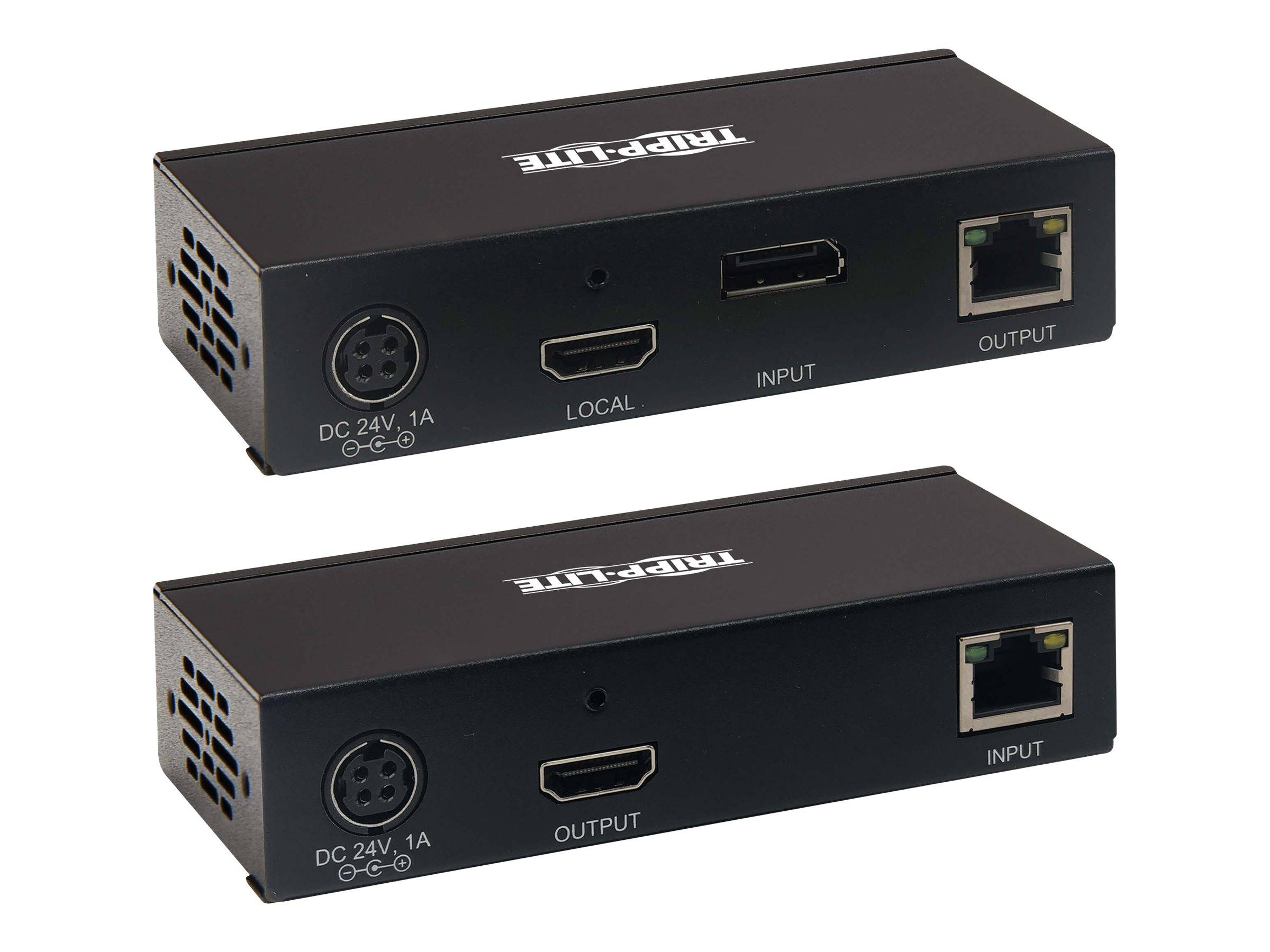 Zwei schwarze Tripp Lite Signalgeräte in schrägem Produktaufnahmewinkel, jeweils mit gekennzeichneten Ein- und Ausgangsanschlüssen für Stromversorgung, HDMI und Netzwerk.