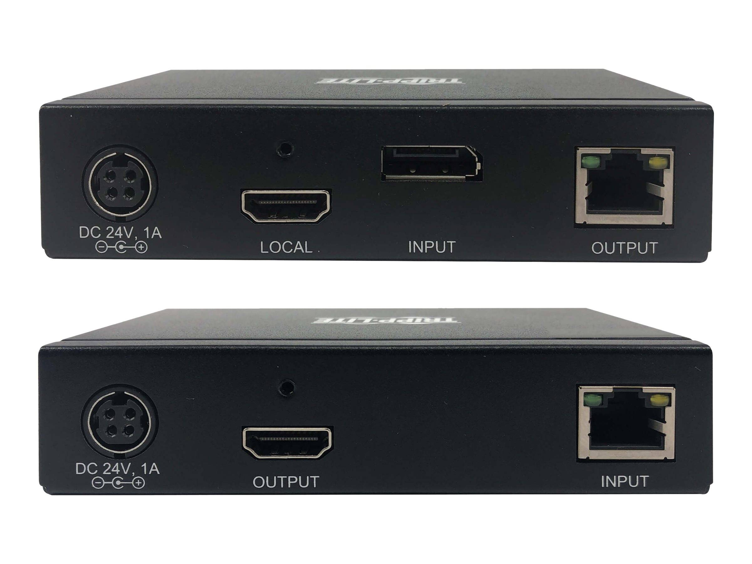 Zwei Ansichten eines schwarzen elektronischen Schnittstellengeräts mit gekennzeichneten Anschlüssen: DC 24V Stromversorgung, HDMI „LOCAL