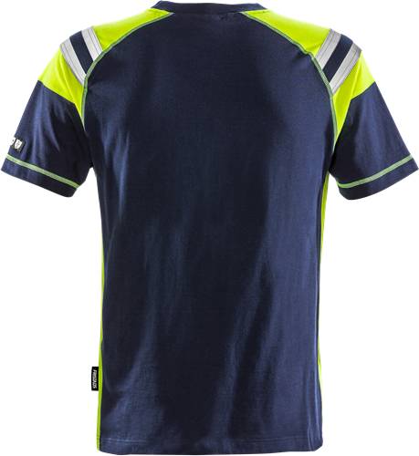Ein marineblau-gelbes T-Shirt mit kurzen Ärmeln und sportlichem Design. Das Shirt verfügt über Streifen an den Schultern und ein Logo am Ärmel.