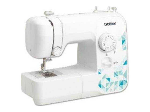 Brother-Nähmaschine in Weiß mit türkisfarbenen geometrischen Akzenten und sichtbarem Stichwahlschalter.