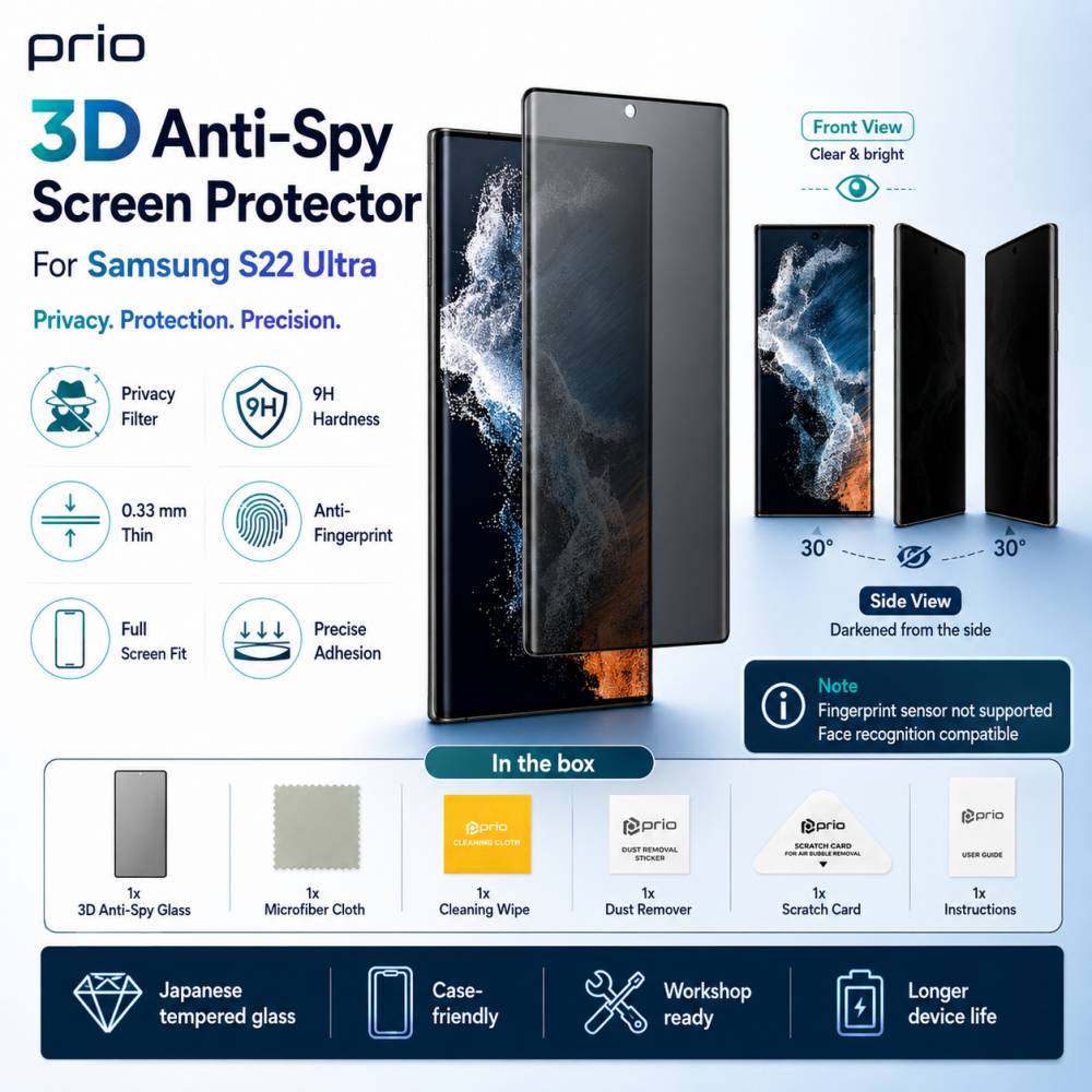 prio 3D Anti-Spy Displayschutzglas für Samsung S22 Ultra schwarz