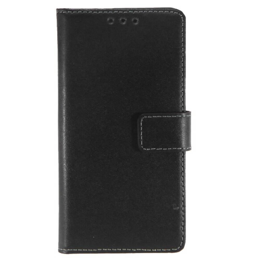 Schwarze Leder-Handytasche mit gesäumten Kanten und seitlichem Riemenverschluss, dargestellt vor weißem Hintergrund.