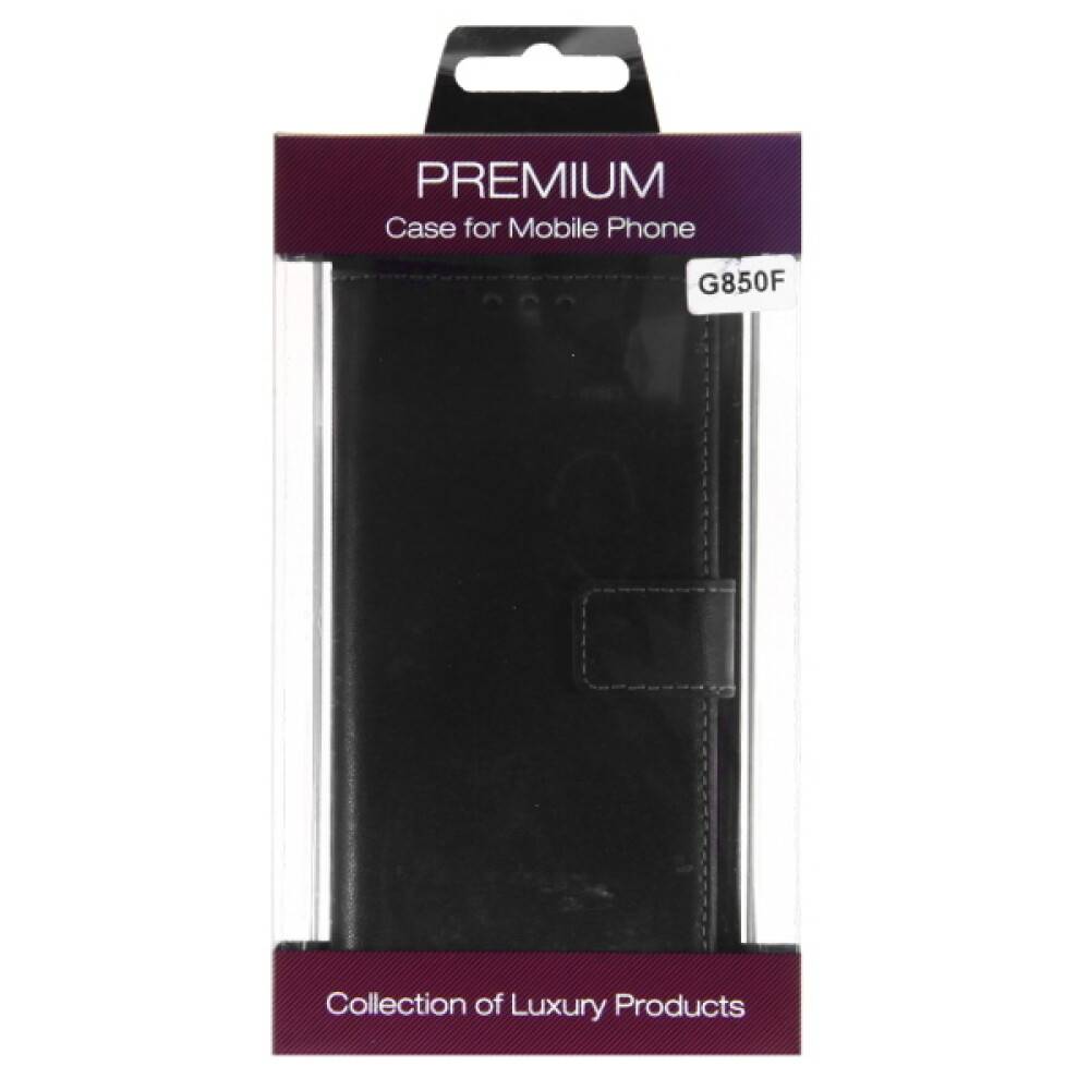 Schwarze Premium-Handyhülle in Einzelhandelverpackung mit der Beschriftung "G850F"" und ""Kollektion von Luxusprodukten"".